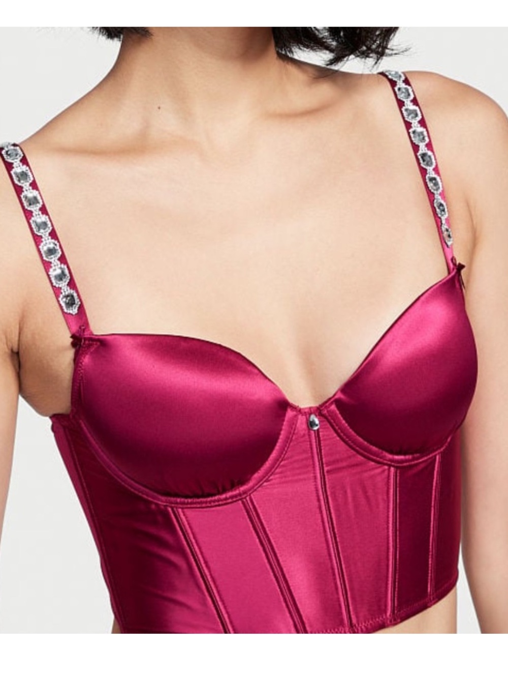Victoria's Secret Satin Longline Bustier Bra in Deep Berry Jeweled Straps 34C